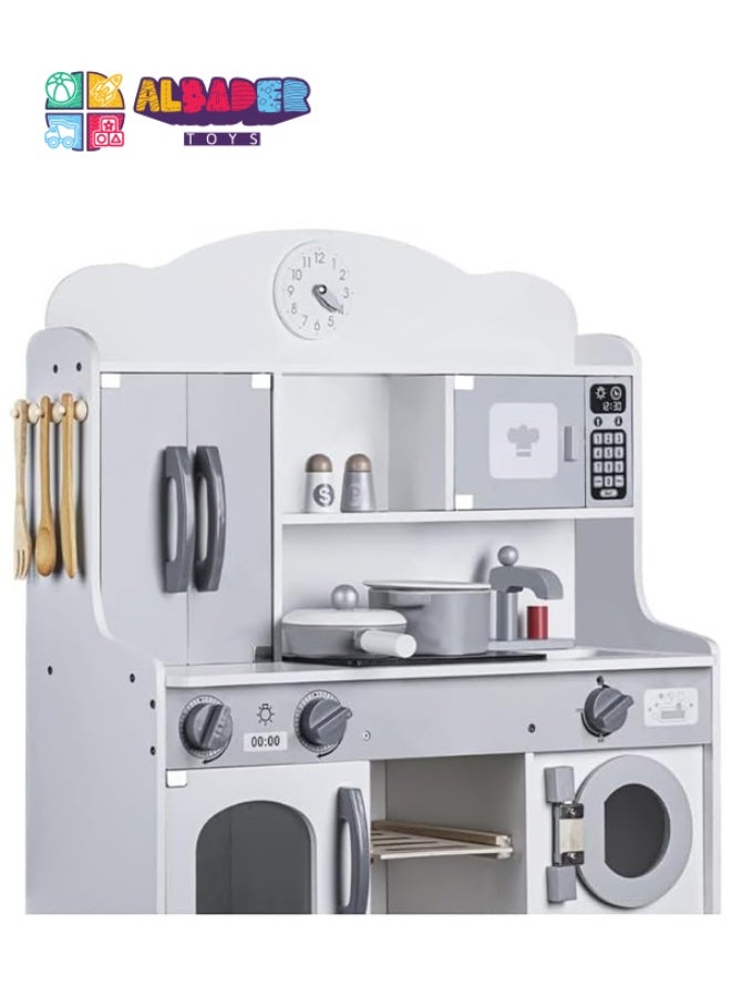 البدر لعبة مجموعة مطبخ خشبية من البدر، مطبخ للاطفال مع فرن، مجموعة العاب مطبخ للاطفال مع حوض لعب وطهي الطعام، لعبة مطبخ مع العديد من ملحقات الطعام، للاطفال من سن 3-10 سنوات (ابيض، 62 × 21.5 × 69) - Image 1